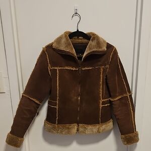 Vintage Y2K Brown Teddy Wide Collar Jacket with Tan Trim